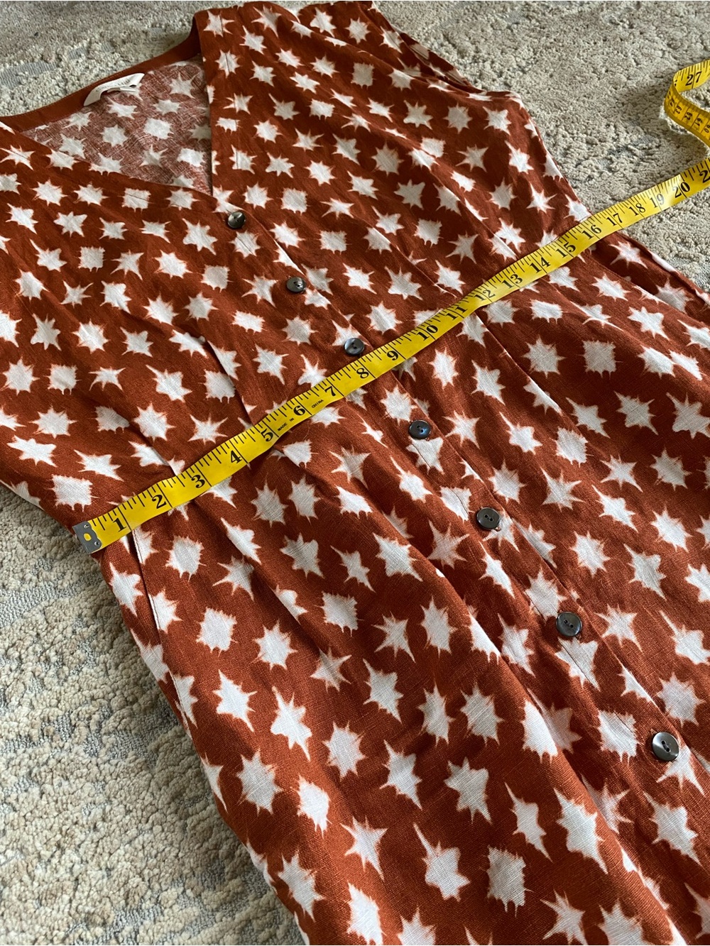 Garnet Hill Linen Midi Dress Rust Brown Star-Print Button Front Dress Sleeveless - Picture 10 of 13